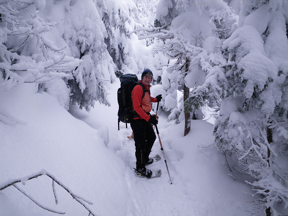 Pat hiker on the trail in snowshoes