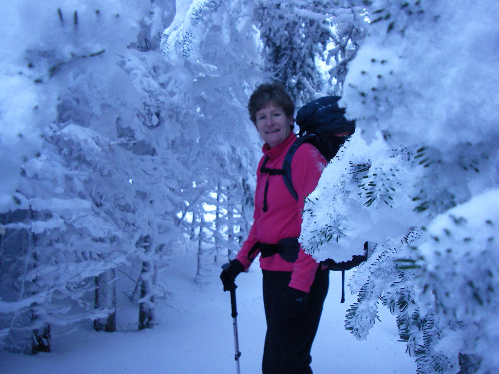 hiker amidst snowy branches