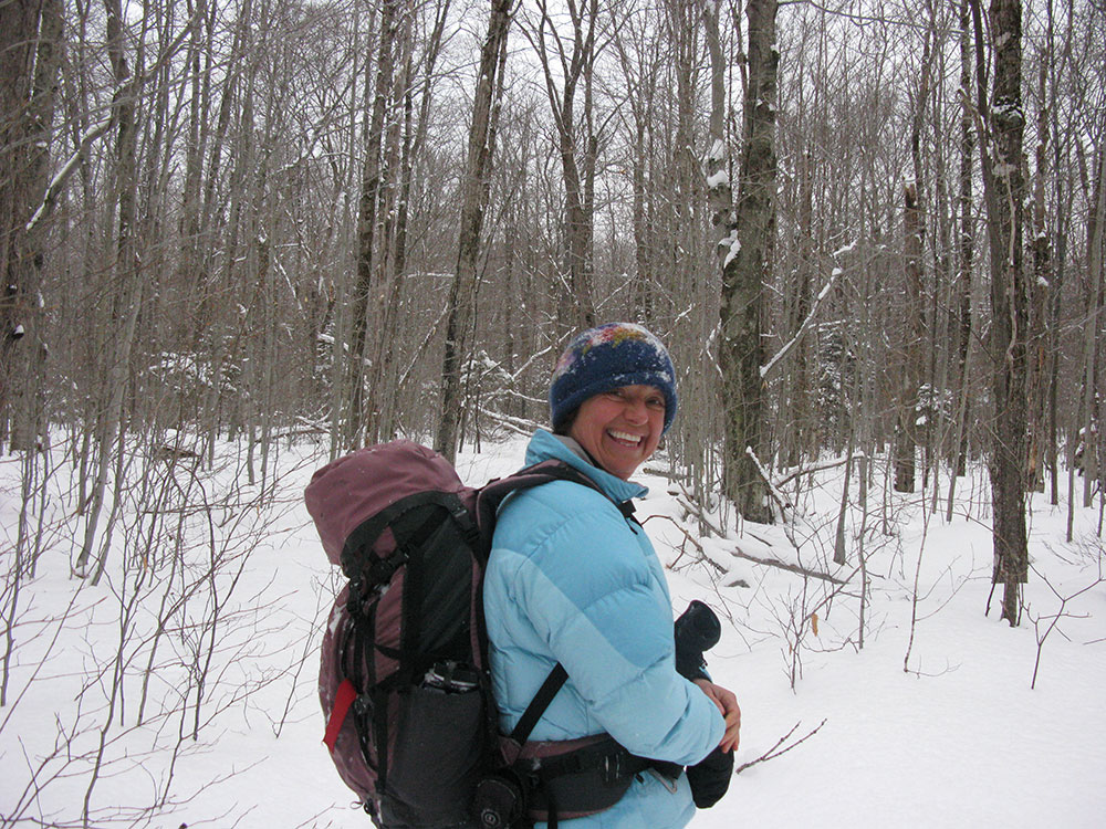 Nancy hiker on the Galehead Trail in winter