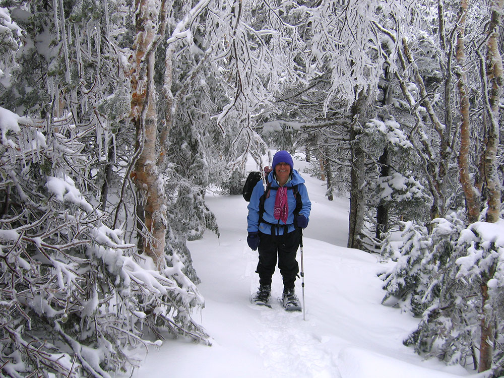 hiker snowshoeing up to summit of Mt Hale