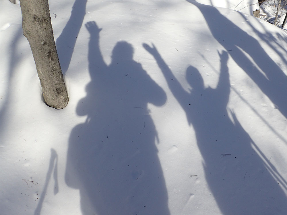 Victory! two hiker's shadows reflecting on white snow as gray shapes with arms raised