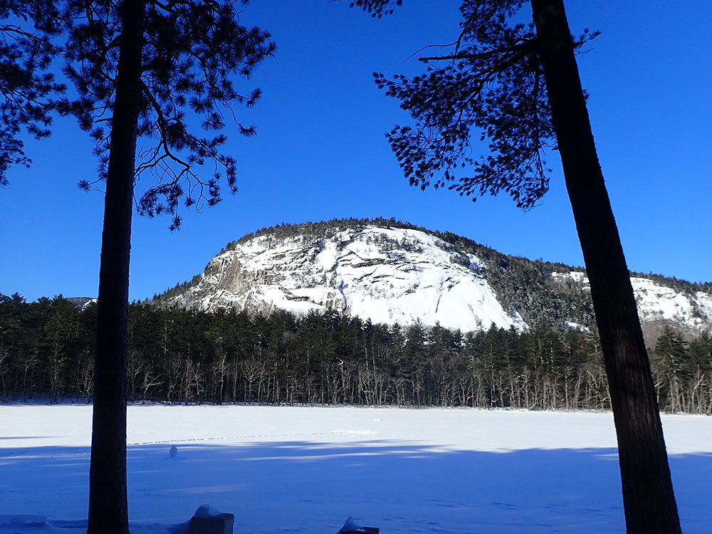 White Horse Ledge frozen Echo Lake in front of the White Horse Ledges in NH