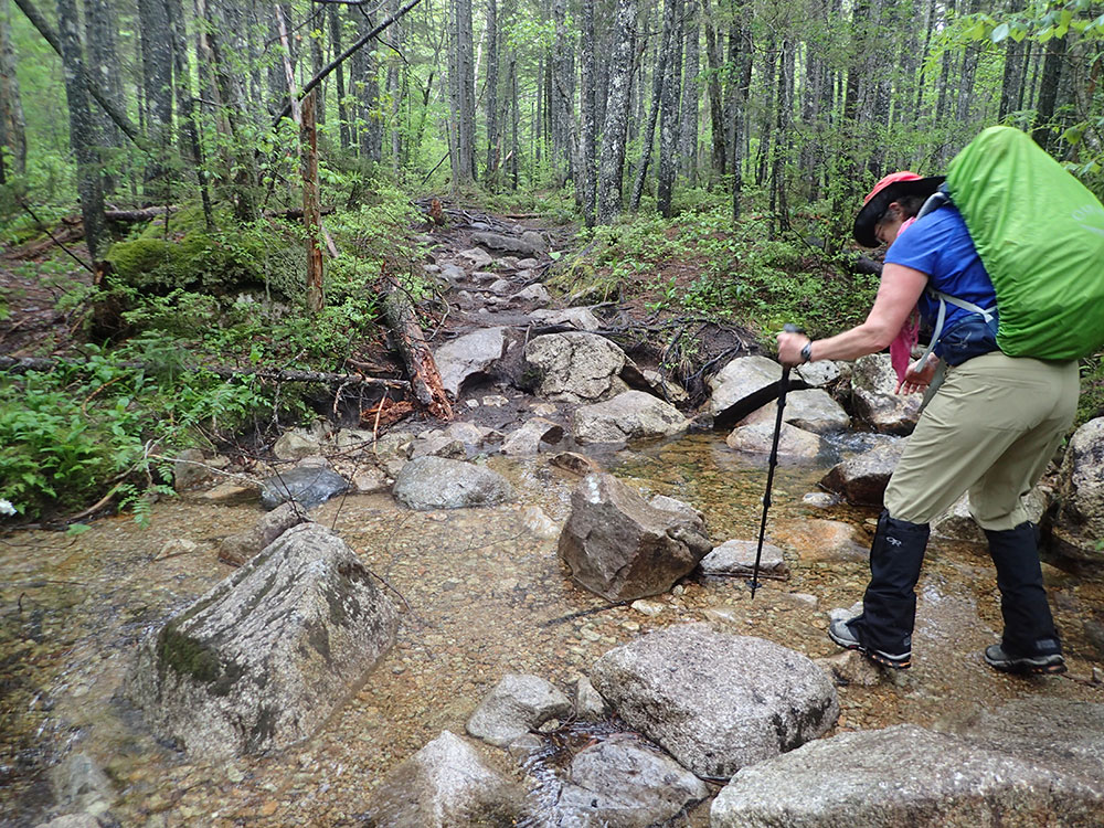 Pat hiker crossing small stream
