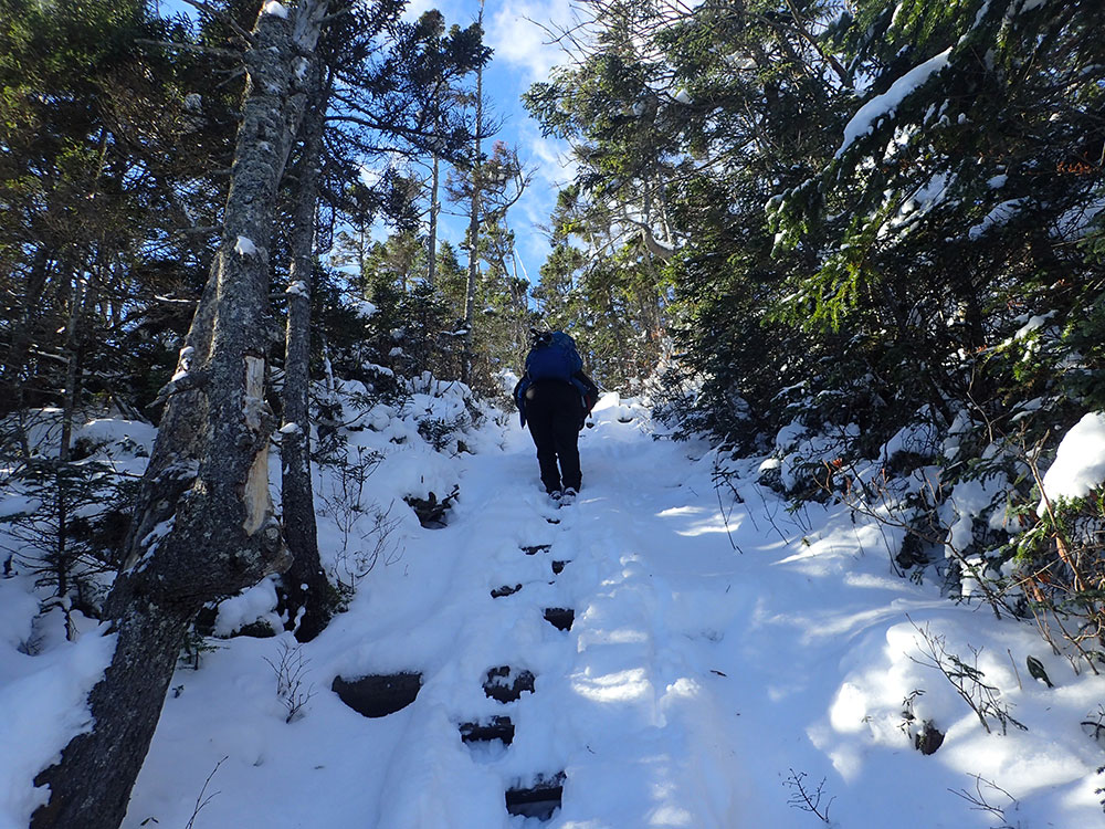 hiker climbing snowy trail