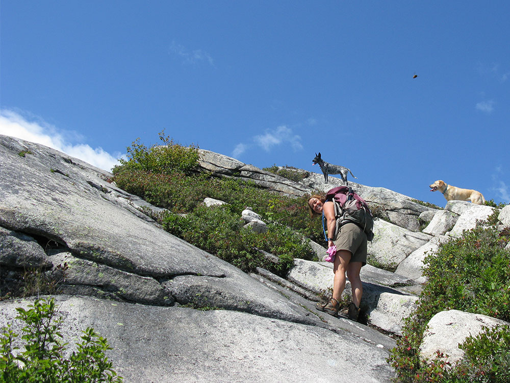 hiker climbing up rock