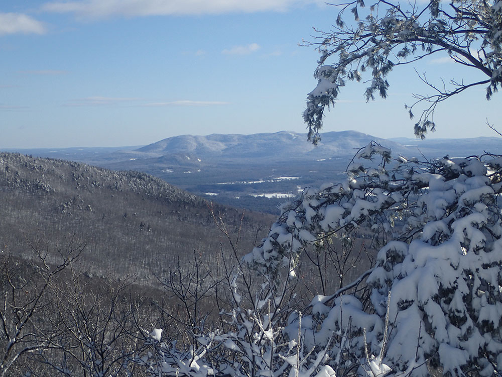 View winter scene with mountains in the background