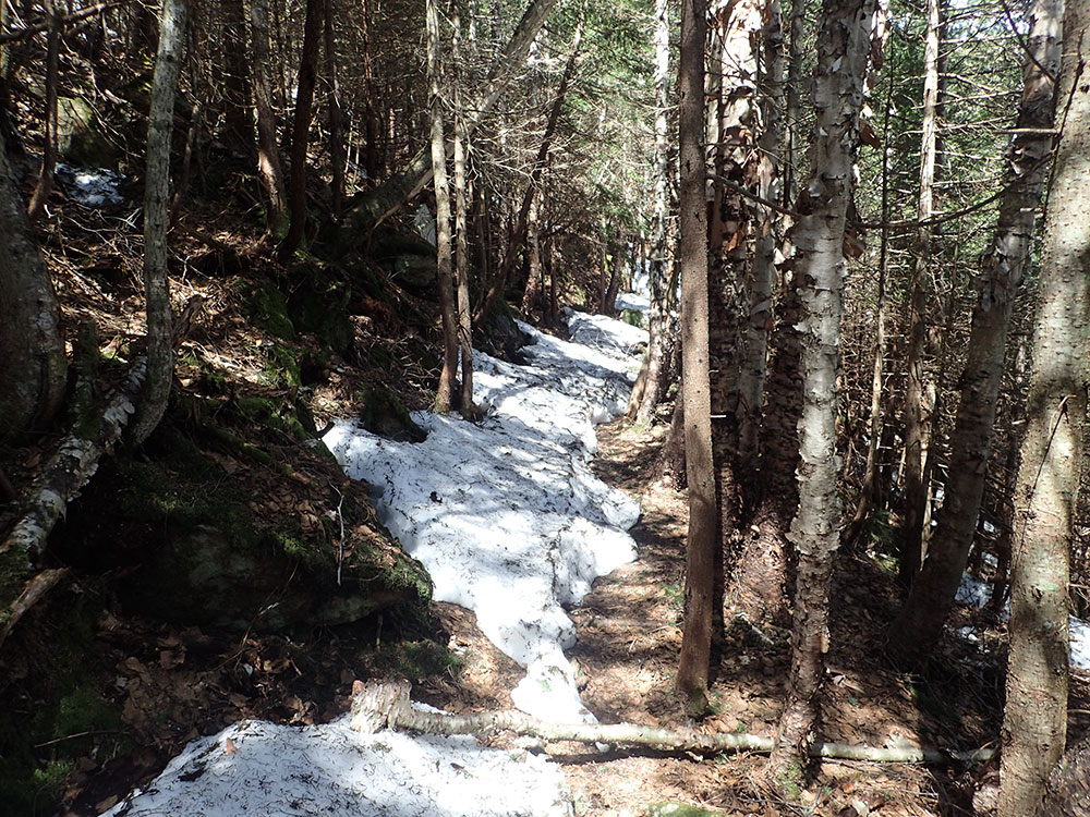 rotten hard packed snow lining the trail