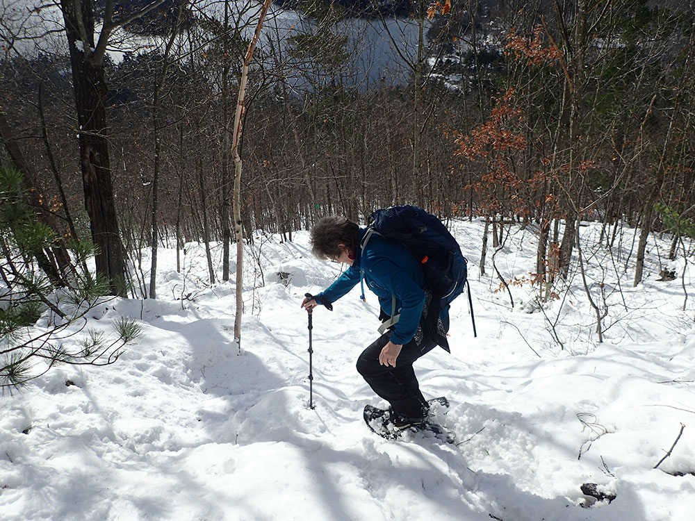 hiker snowshoeing on a winter trail