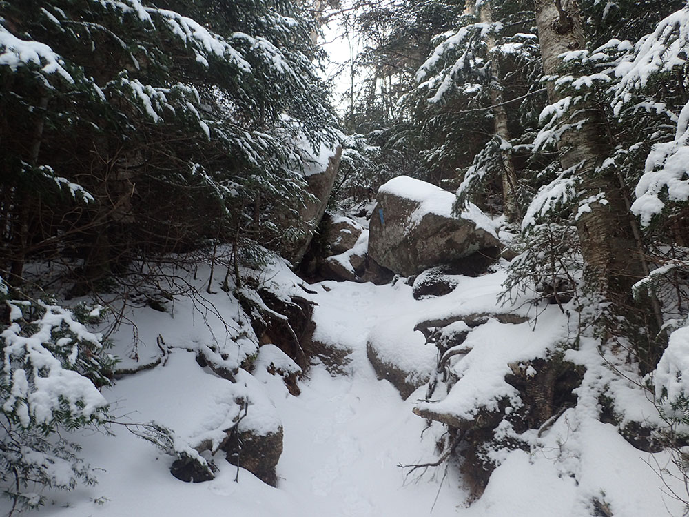 view of the trail covered with rocks and snow